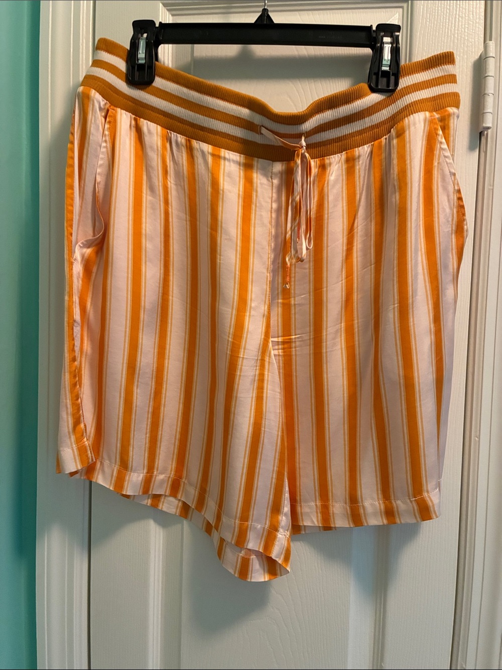 Anthropologie White and Mustard Striped Drawstring Shorts